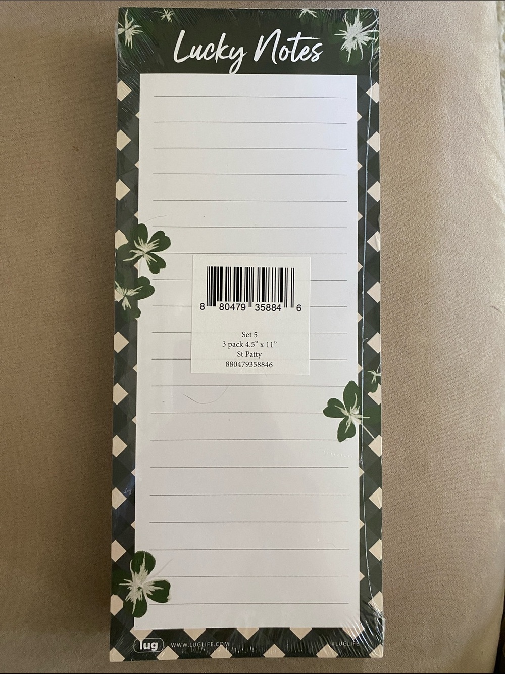 Lucky Notes Lined Notepad SET of 3 - Green Floral Border. LUG collection